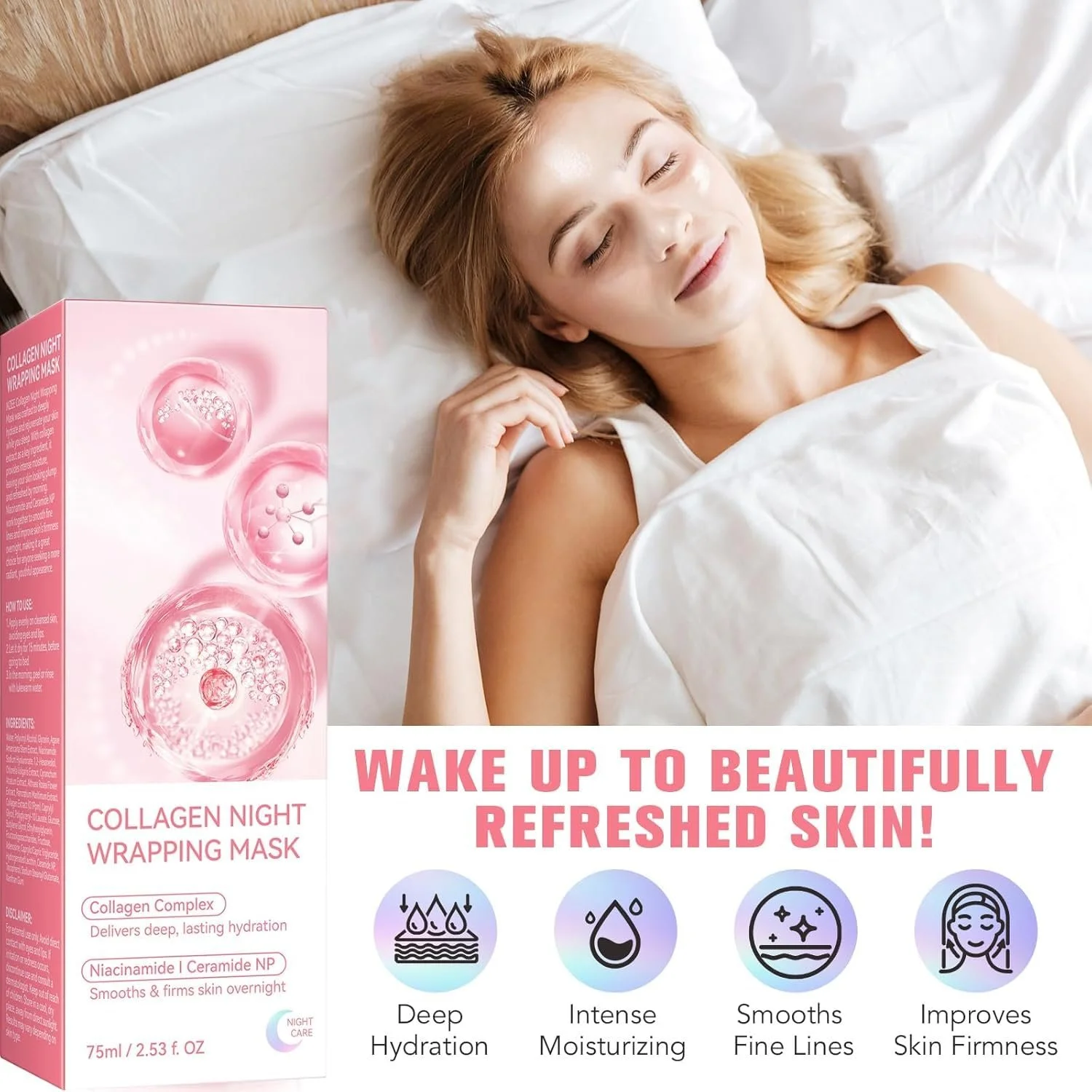 Ночная маска-пленка для лица с коллагеном, глубокое увлажнение, уменьшает морщины и улучшает эластичность кожи, с кистью, 75 мл, фото №5