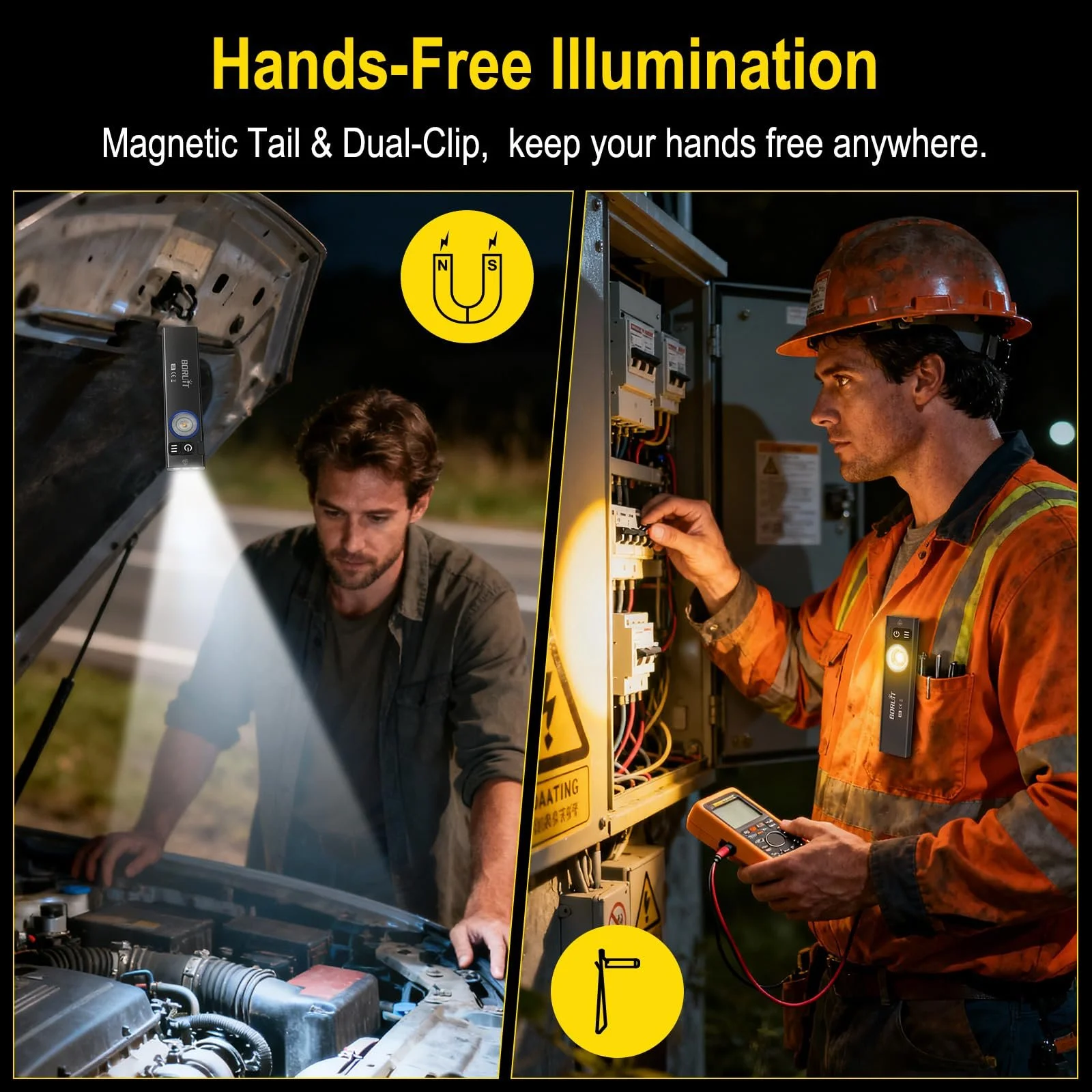 Ліхтар EDC BORUIT U8 LED Flat, 650 люмен, USB-C акумуляторний, з білим, жовтим та RGB світлом, IP67 водонепроникний, магнітна основа та кліпса, фото №7