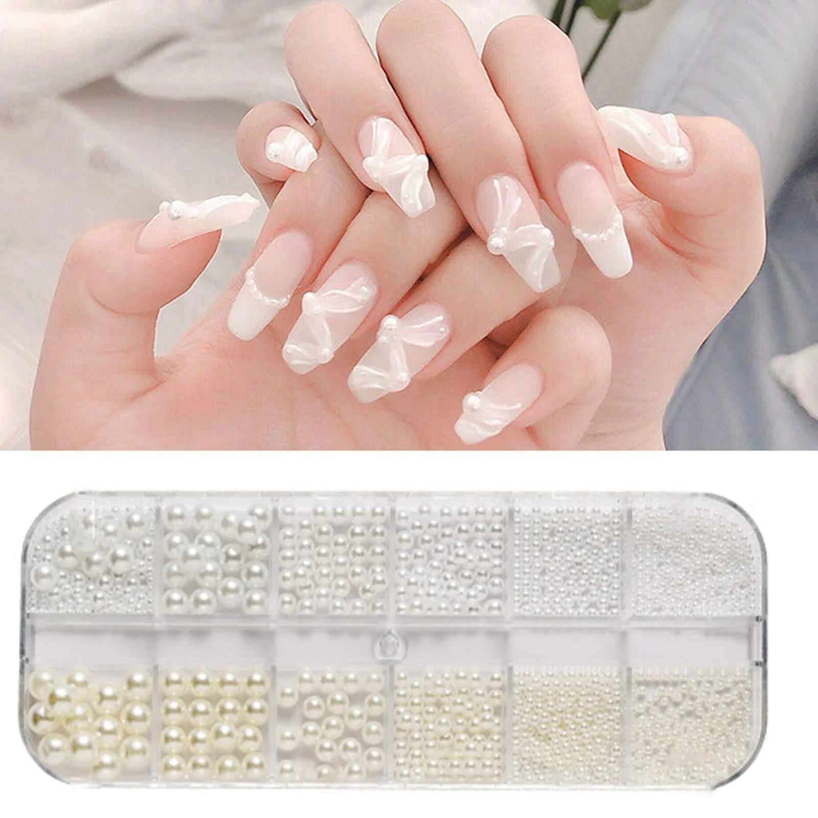 Стрази для нігтів, 2 коробки/24 відділення, білі намистини, фото №2