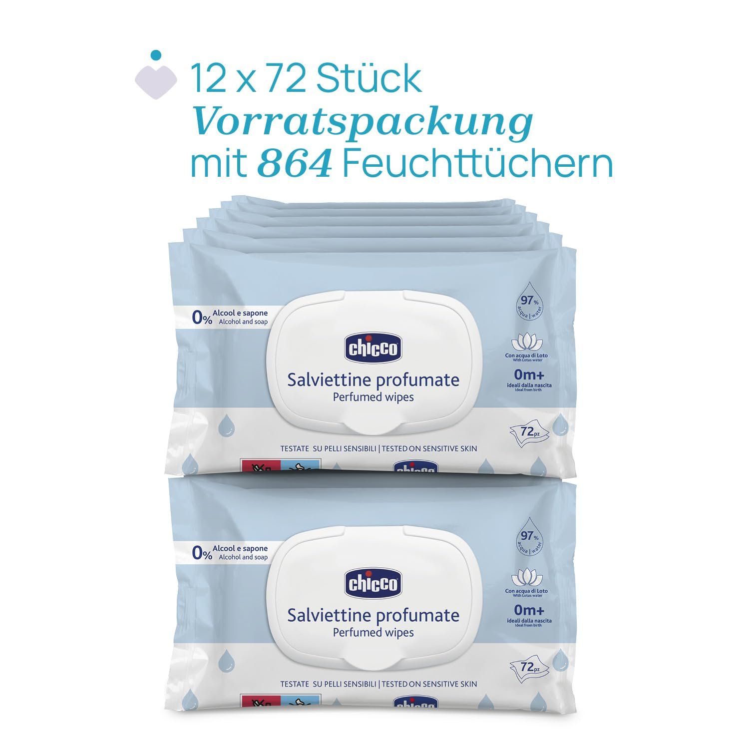Серветки Chicco Newborn Багатоцільові, для дітей, без спирту, з запахом, для чутливої шкіри, 12 упаковок по 72 серветки (864 серветки), фото №2