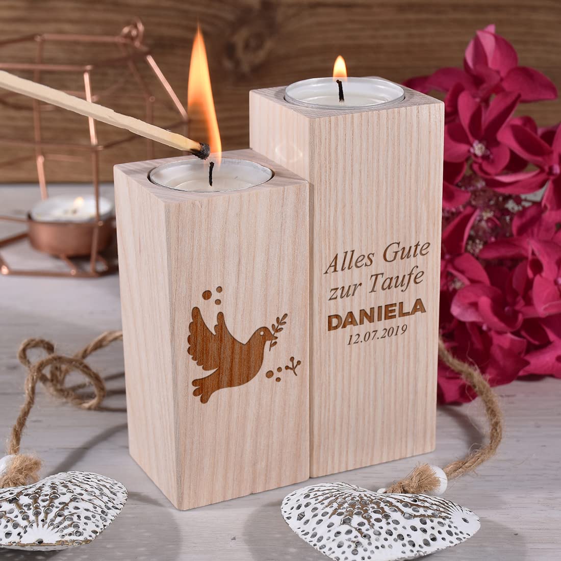 Набор Polar-effekt Деревянные подсвечники Гравировка Голубь Мотив Имя, фото №3