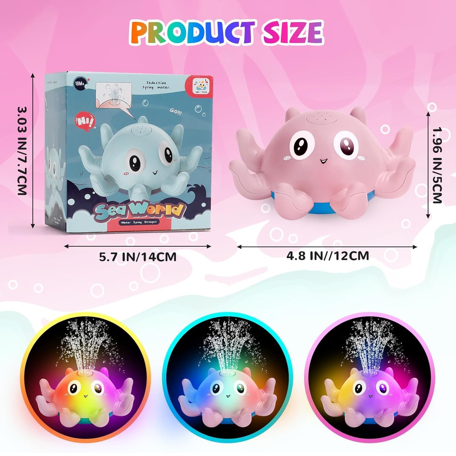 Іграшка для ванни Восьминіг з розпилювачем води та підсвічуванням Рожевий, фото №5