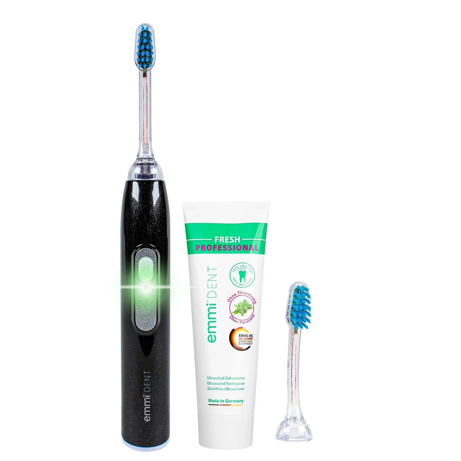 Ультразвуковая зубная щетка emmi-dent Metallic Black Diamond 96 миллионов вибраций Дорожная с зубной пастой Черный металлик, фото №1