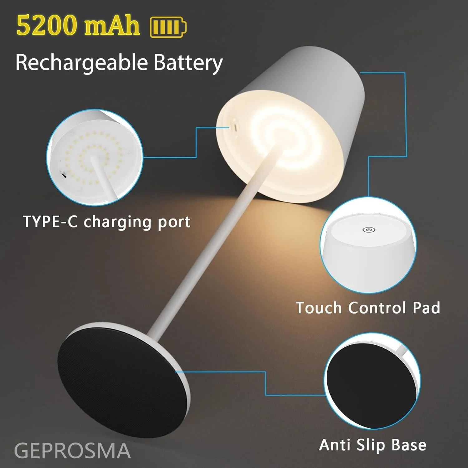 Настільна лампа металева бездротова Touch LED акумуляторна USB C IP54 набір з 2 шт. Modern, фото №3