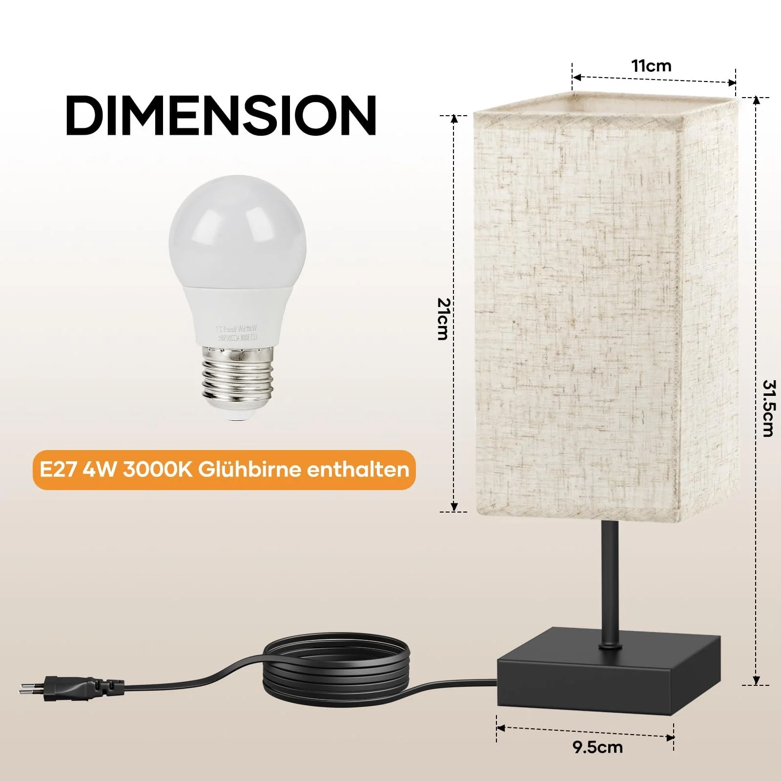 Настільна лампа Suright Bedside Lamp Сенсорна Плавний димер Пам'ять Лляний абажур LED E27 Чорна, фото №5