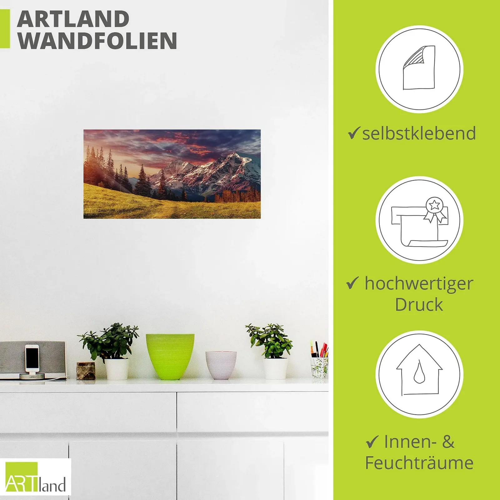 Наклейка на стіну ARTland U1RI Пейзаж Гори Альпи Ліс Захід сонця 100 x 50 см, фото №3