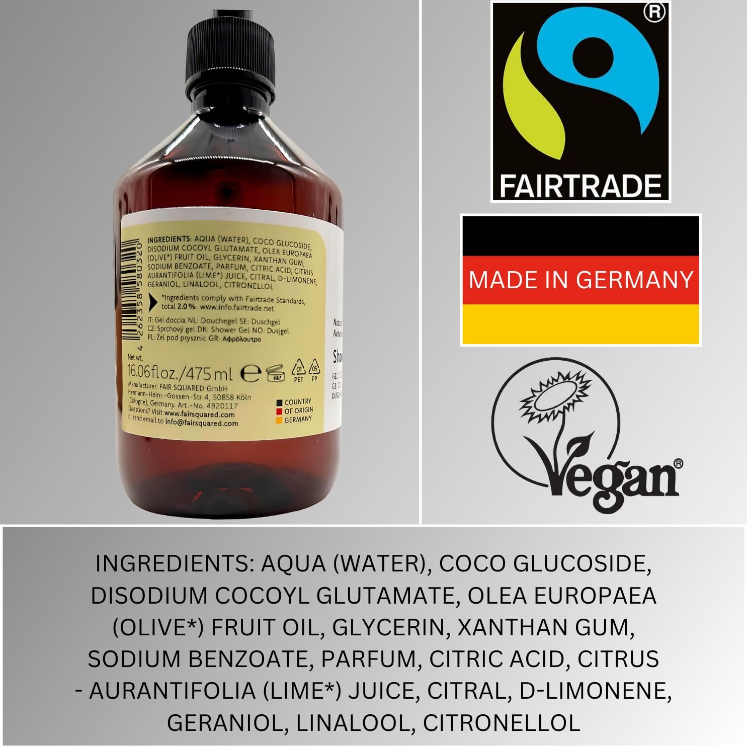 Гель для душу FAIR CARE зволожуючий Fairtrade аромат лайма 475 мл, фото №3