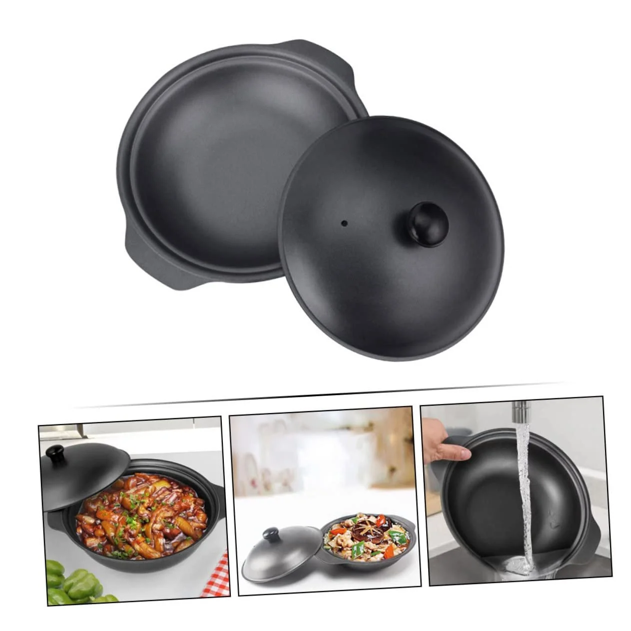 Кастрюля чугунная С крышкой Термостойкая Две ручки Черная, фото №3