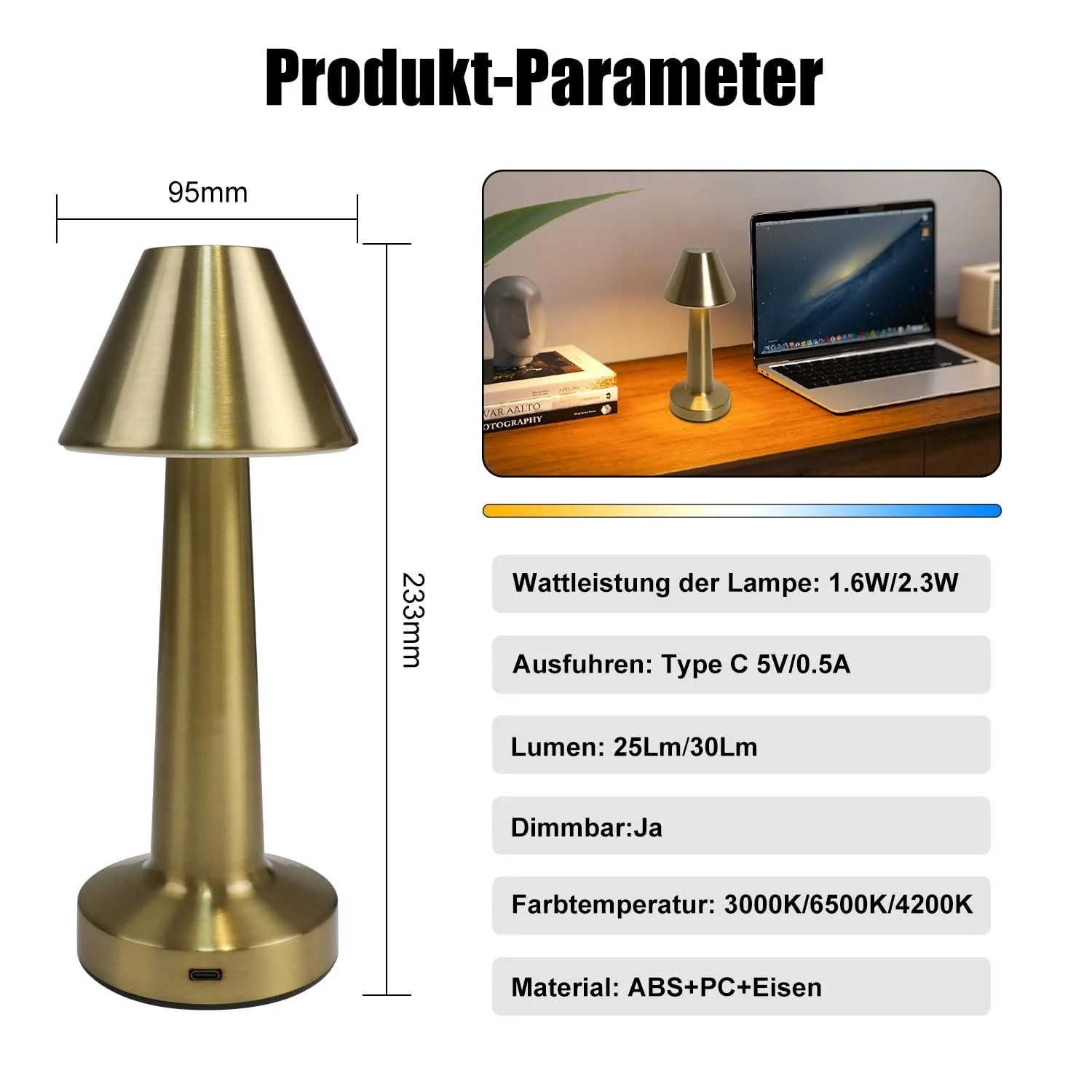 Настільна лампа EXTRASTAR Mushroom LED Сенсорна Акумуляторна Металік, фото №8