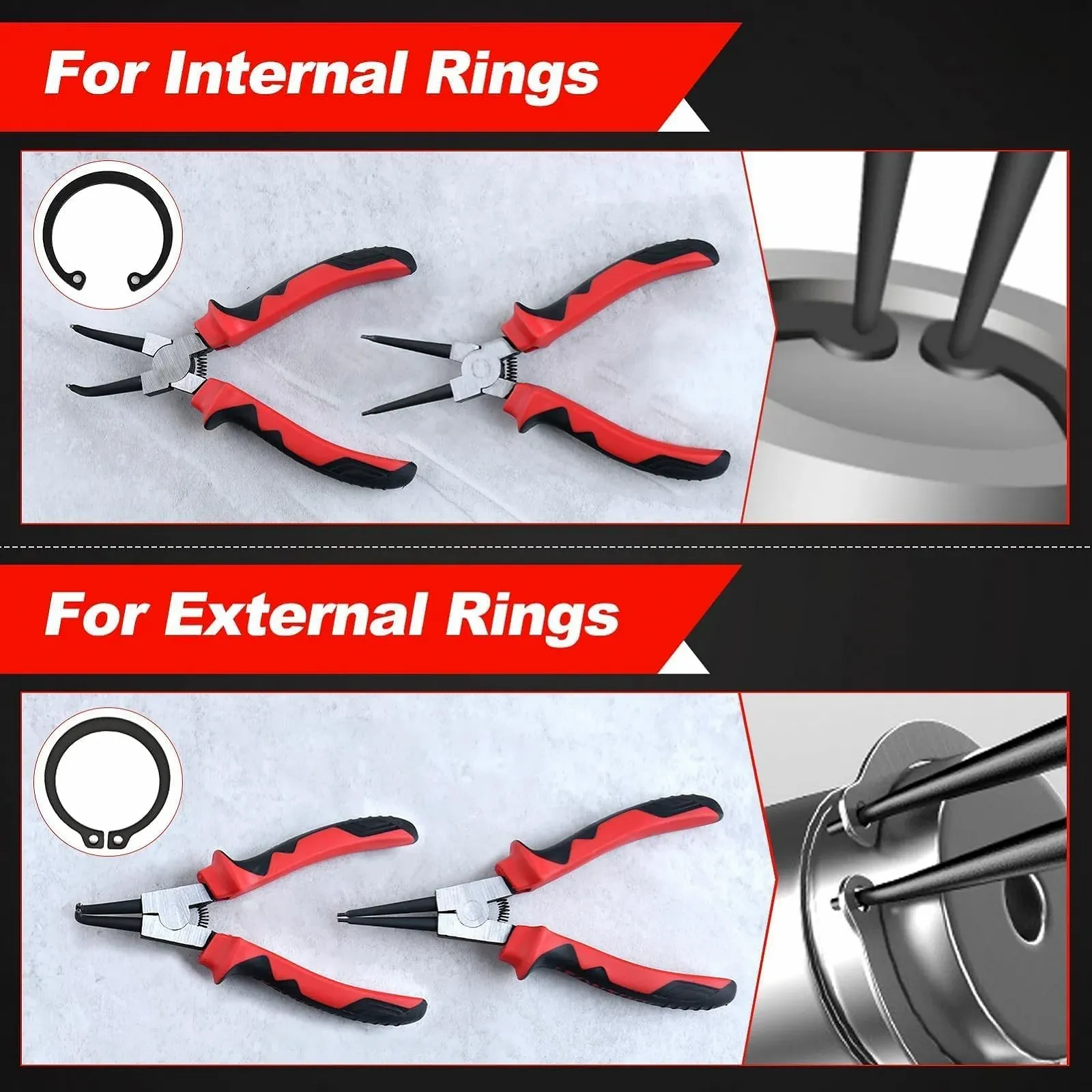 Набор плоскогубцев для стопорных колец LEONTOOL, 7 дюймов, внутренние/наружные, прямые и изогнутые губки, диаметр наконечника 0,08 дюйма, фото №3 Набор плоскогубцев для стопорных колец LEONTOOL, 7 дюймов, внутренние/наружные, прямые и изогнутые губки, диаметр наконечника 0,08 дюйма, фото №3