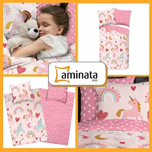 Детское фланелевое постельное белье Aminata kids 135 x 200 см, детский узор Единорог, розовое synthetic.ua - Фото 1