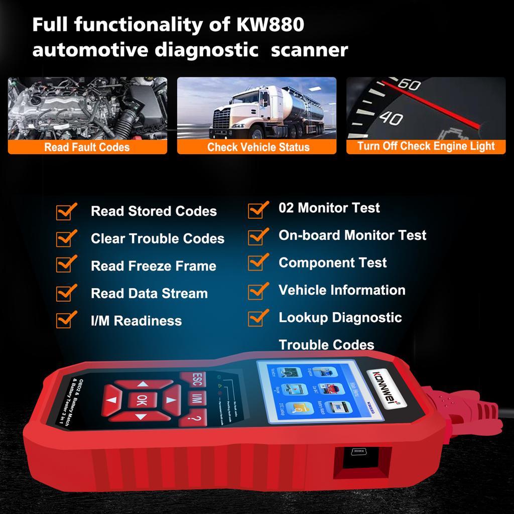 Автосканер акумулятора батареї KW880 OBD-II та CAN Konnwei 2.8" TFT, фото №9