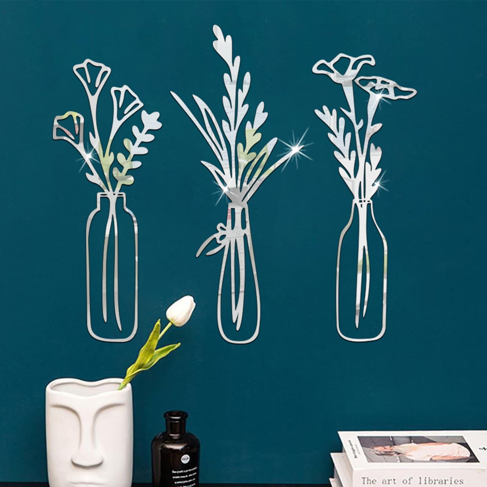 Наклейки на стіну Акрилові дзеркальні Квіти Ваза 3D Самоклейні 3 шт. Сріблястий, фото №1