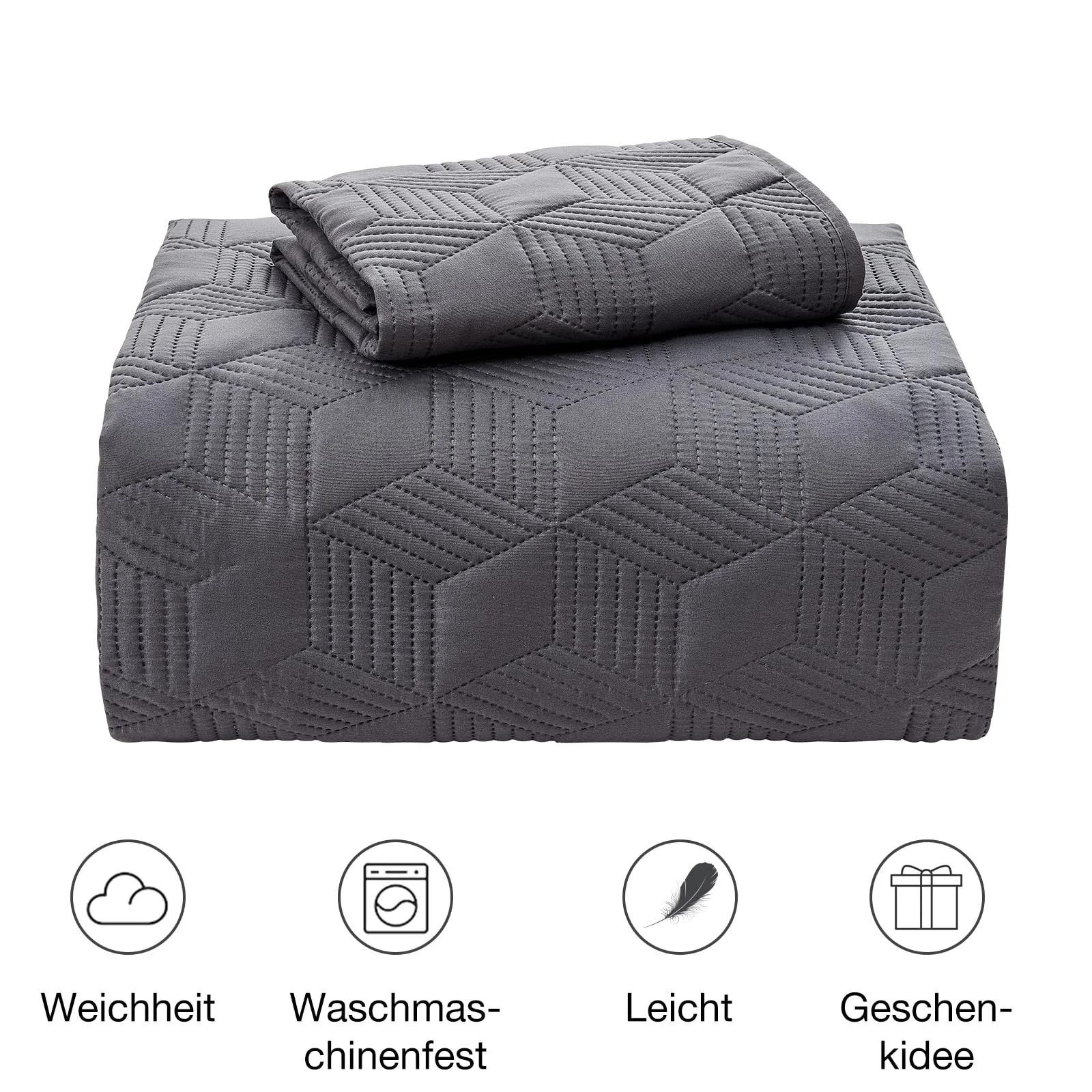 Покривало beeweed 220 x 200 см, сіре, з мікрофібри, стьобане, легке, з 2 наволочками, ромбоподібний візерунок, фото №7