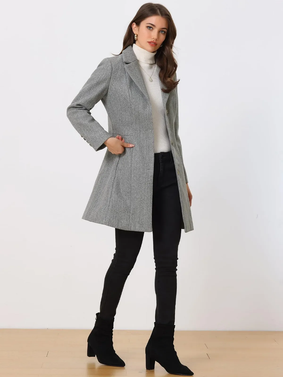 Пальто Allegra K С лацканами, элегантное, однобортное, с длинными рукавами, зимнее, фото №2 Пальто Allegra K С лацканами, элегантное, однобортное, с длинными рукавами, зимнее, фото №2