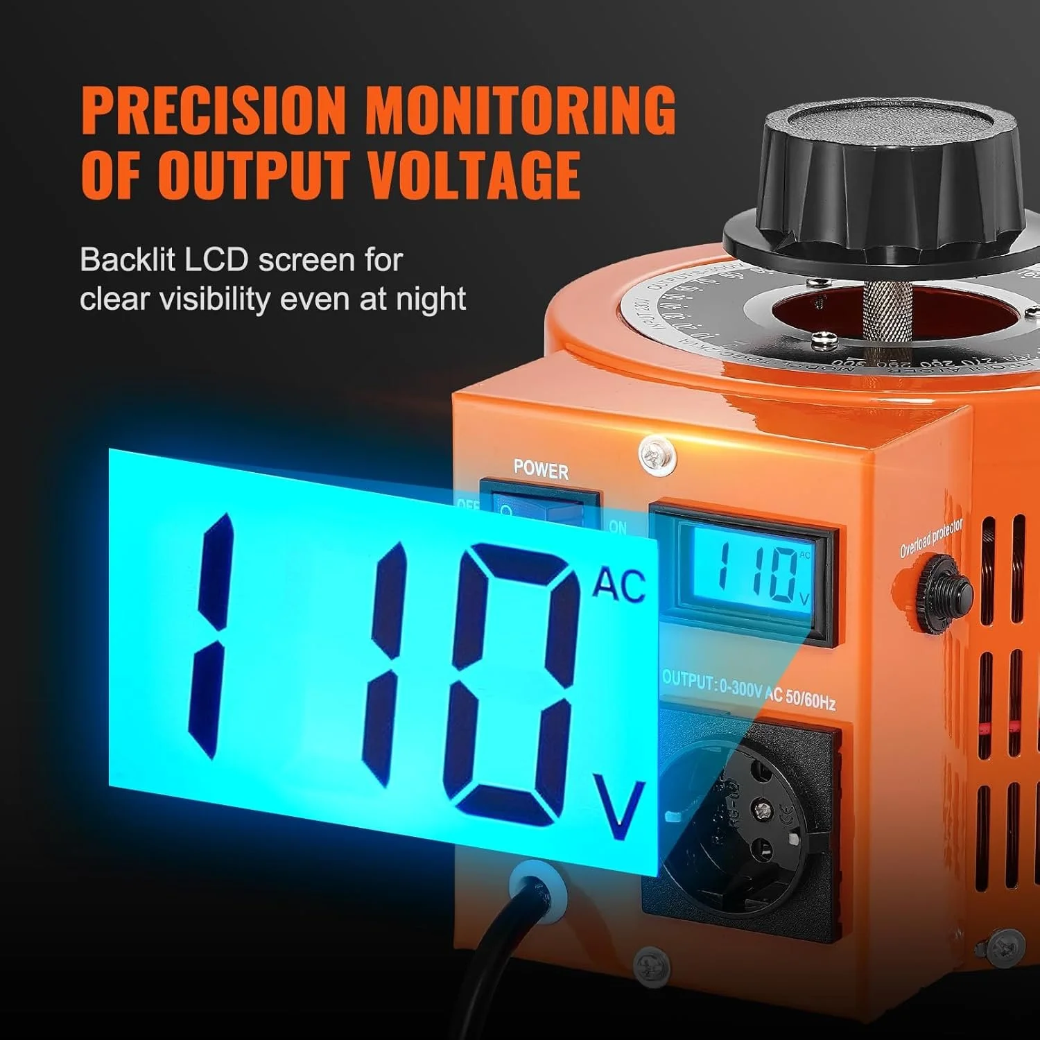 Трансформатор переменного напряжения VEVOR TDGC2-2000VA / 0-300 В / 2000 ВА / 6.6 А / Оранжевый, фото №7 Трансформатор переменного напряжения VEVOR TDGC2-2000VA / 0-300 В / 2000 ВА / 6.6 А / Оранжевый, фото №7