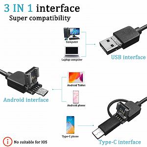 Эндоскоп 3 в 1 Type C USB Эндоскоп с 6 LED подсветкой, 7мм IP67 водонепроницаемая камера для труб для Android планшетов Samsung (5 м) synthetic.ua - Фото 1