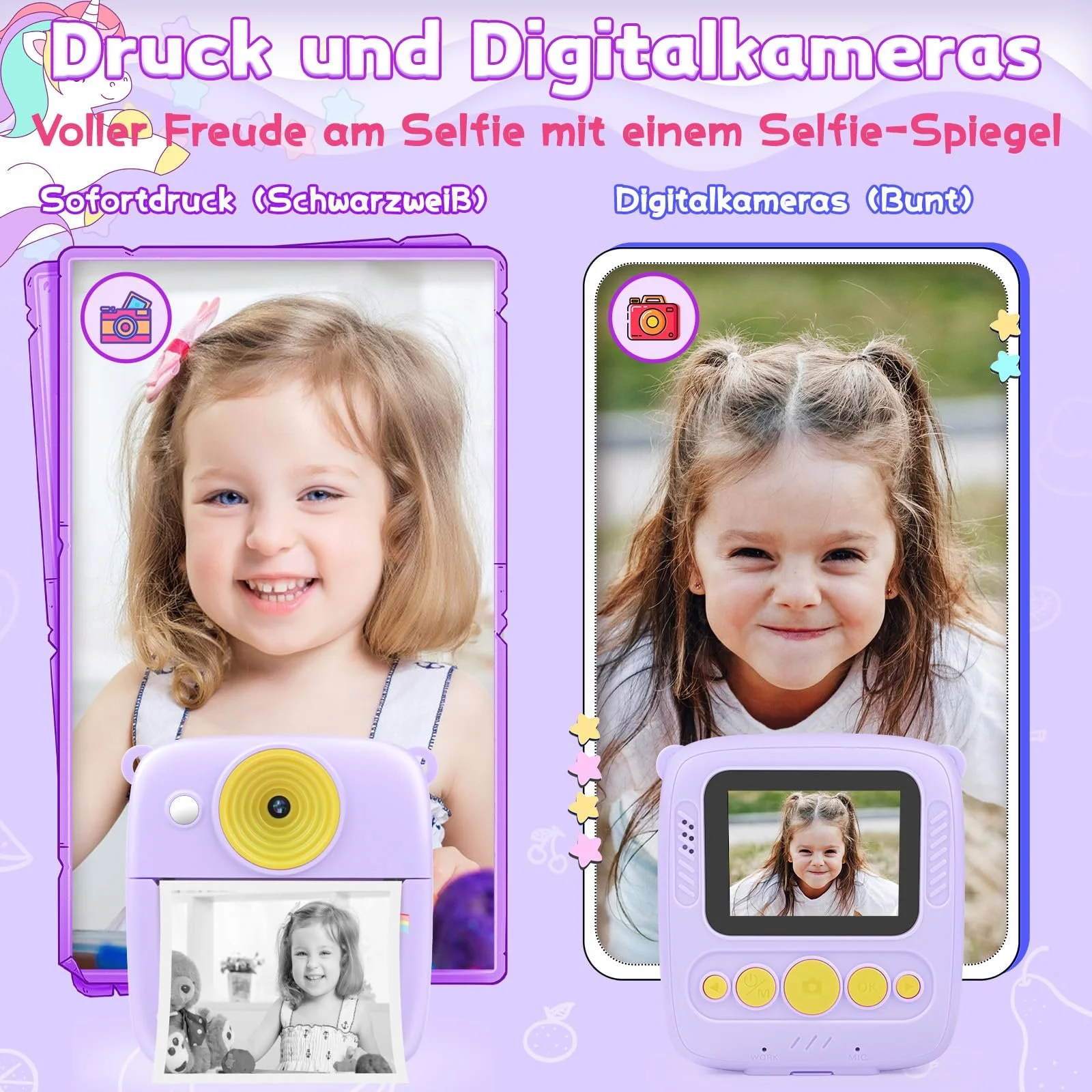 Детская цифровая фотокамера мгновенной печати 48MP 1080P с бумагой для печати и картой TF 32G Пурпурная (розовая), фото №4