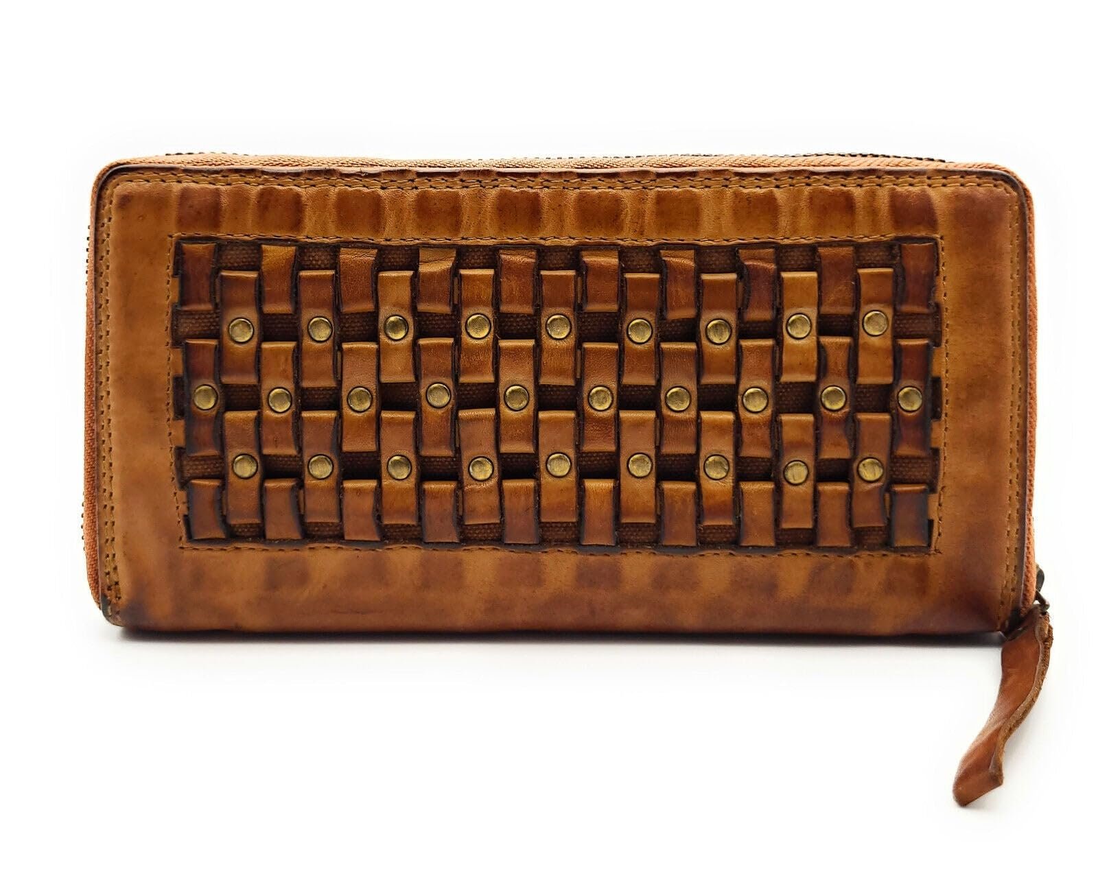 Кошелек Женский из Натуральной Кожи Wash Кожа с Заклепками Braided Look RFID Защита Cognac Contemporary, фото №4