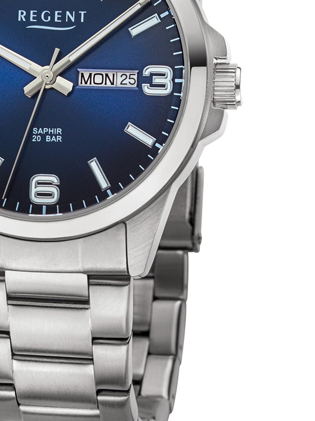 Чоловічий годинник REGENT F-1528 20 ATM з індикацією дня тижня та дати, сапфірове скло, синій, сталевий браслет, фото №2 Чоловічий годинник REGENT F-1528 20 ATM з індикацією дня тижня та дати, сапфірове скло, синій, сталевий браслет, фото №2