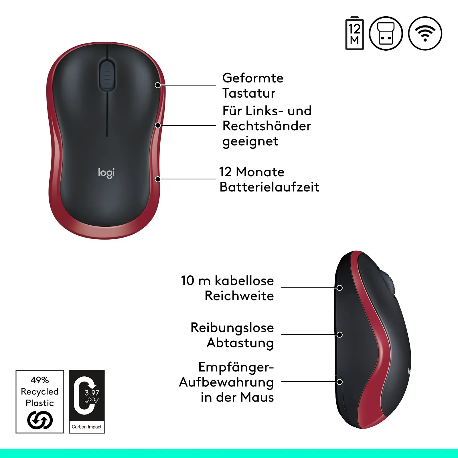 Мышь Беспроводная Logitech M185, 2.4 GHz, 1000 DPI, Красный, фото №7 Мышь Беспроводная Logitech M185, 2.4 GHz, 1000 DPI, Красный, фото №7