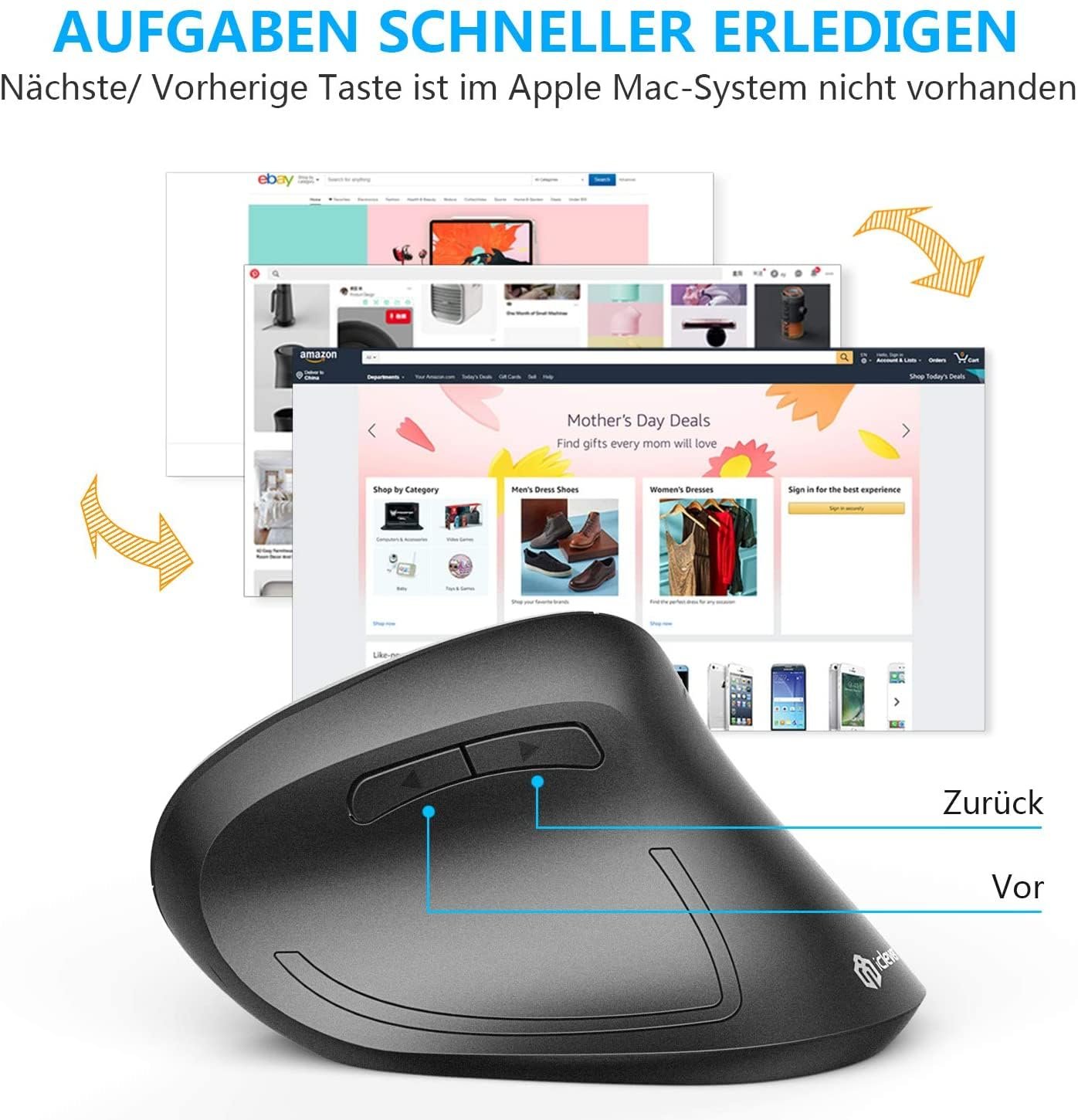 Мышь iClever Беспроводная 2.4G Беспроводная Вертикальная Эргономичная 6 кнопок, 1000/1600/2000/2400 DPI Черный, фото №4