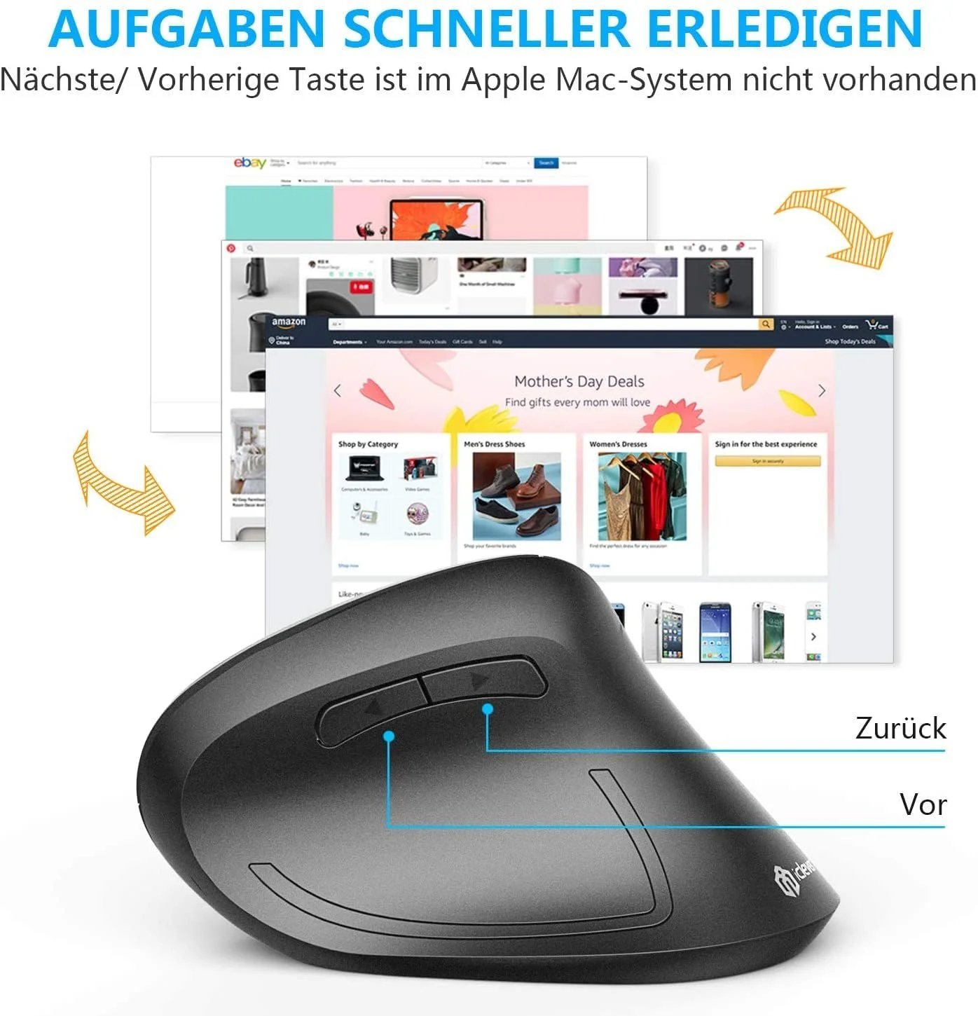 Мышь iClever Беспроводная 2.4G Беспроводная Вертикальная Эргономичная 6 кнопок, 1000/1600/2000/2400 DPI Черный, фото №4 Мышь iClever Беспроводная 2.4G Беспроводная Вертикальная Эргономичная 6 кнопок, 1000/1600/2000/2400 DPI Черный, фото №4