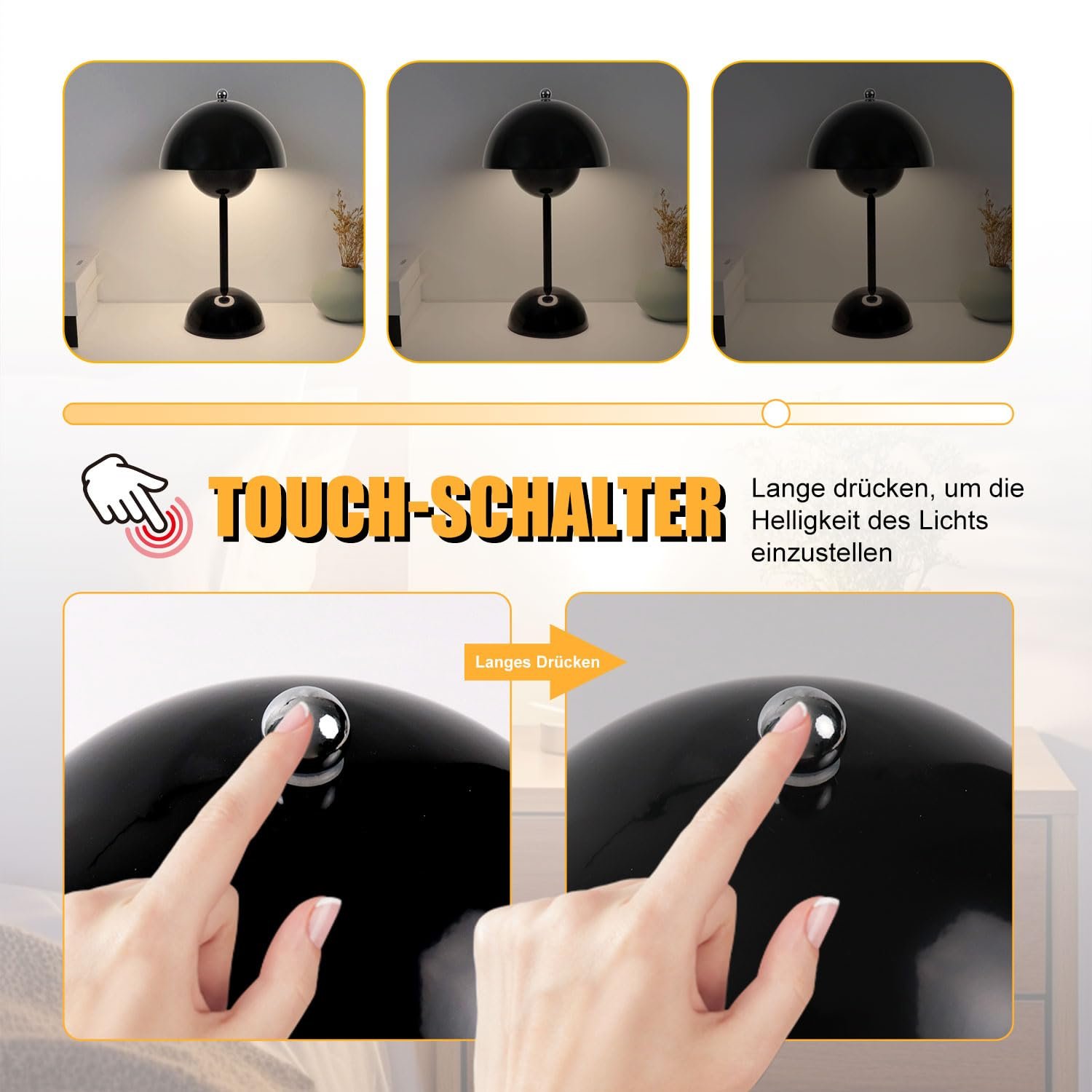 Світлодіодна настільна лампа EXTRASTAR Flowerpot грибоподібна сенсорна бездротова 3 колірні температури USB чорна, фото №4