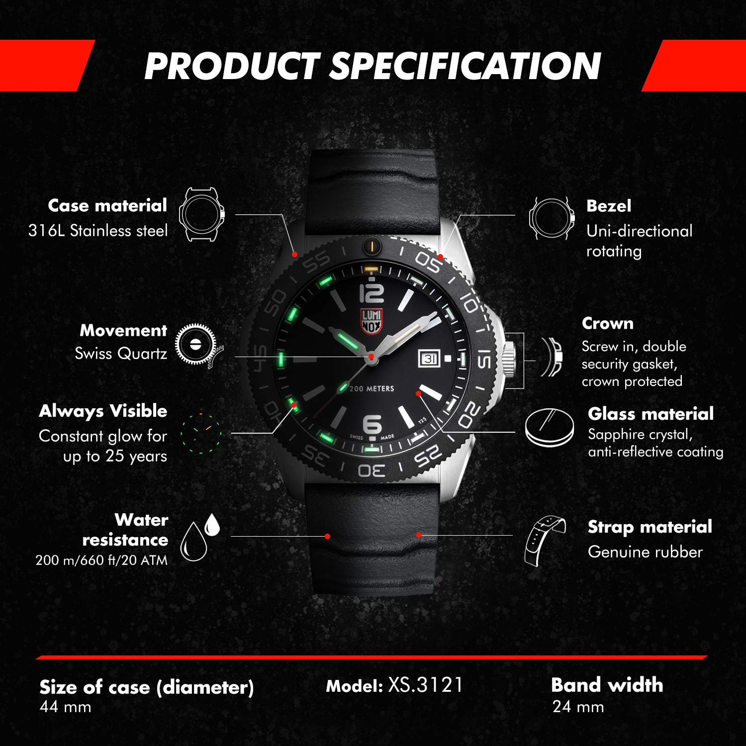 Годинник Luminox XS.3121 Чоловічий Аналоговий Швейцарський Кварцовий з Гумовим Ремінцем Чорний Сучасний, фото №5