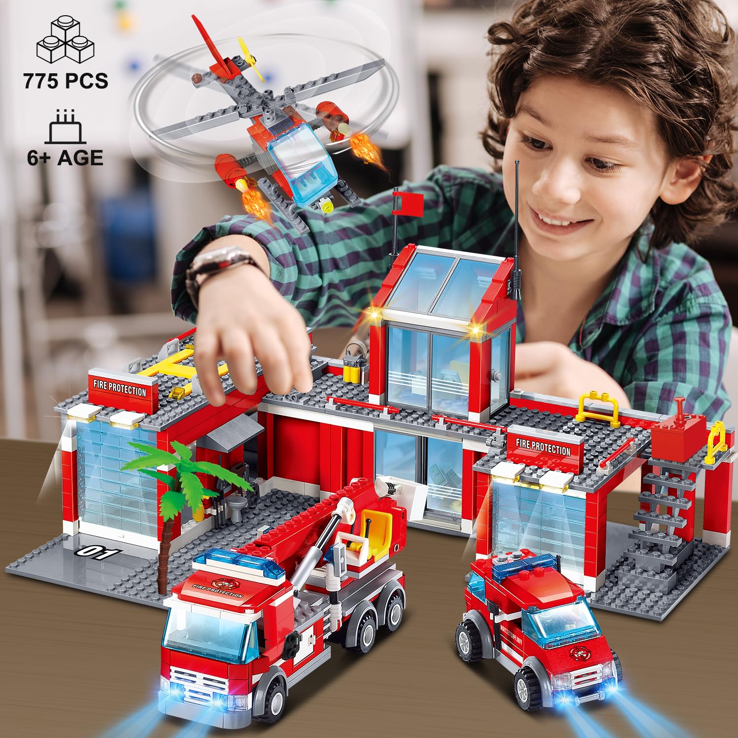 Іграшка HOGOKIDS City Fire Station Набір будівельних цеглинок — 775 деталей Гелікоптер для пожежної рятувальної служби Швидка Допомога Пожежна Машина Набір будівельних цеглинок Подарунок для дітей хлопчиків та дівчаток віком від 6 років, фото №3