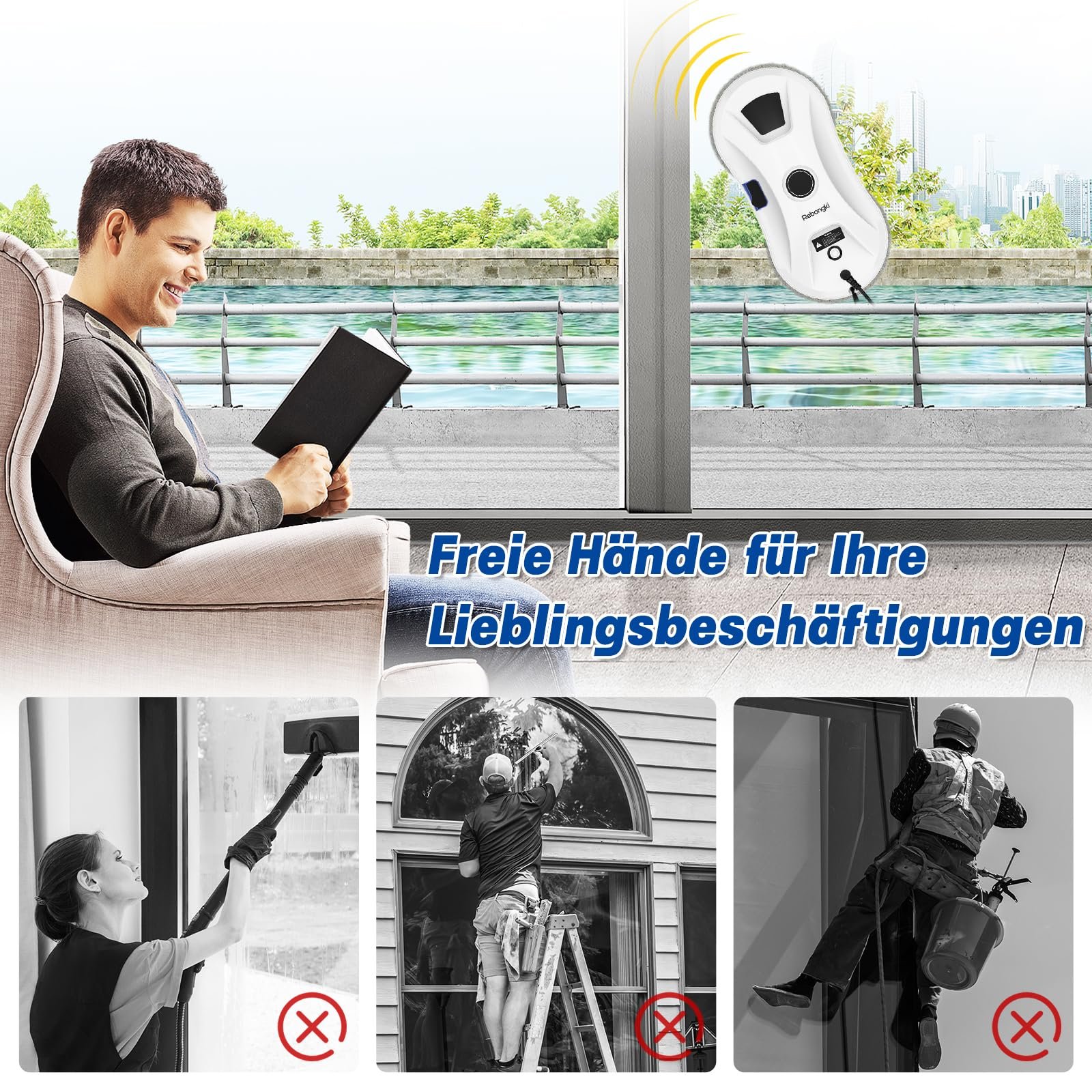 Робот для мойки окон Electric Window Cleaner 5600Pa, 3 режима, интеллектуальное обнаружение краев, дистанционное управление, автоматическая водяная струя для внутренних и наружных окон, фото №5
