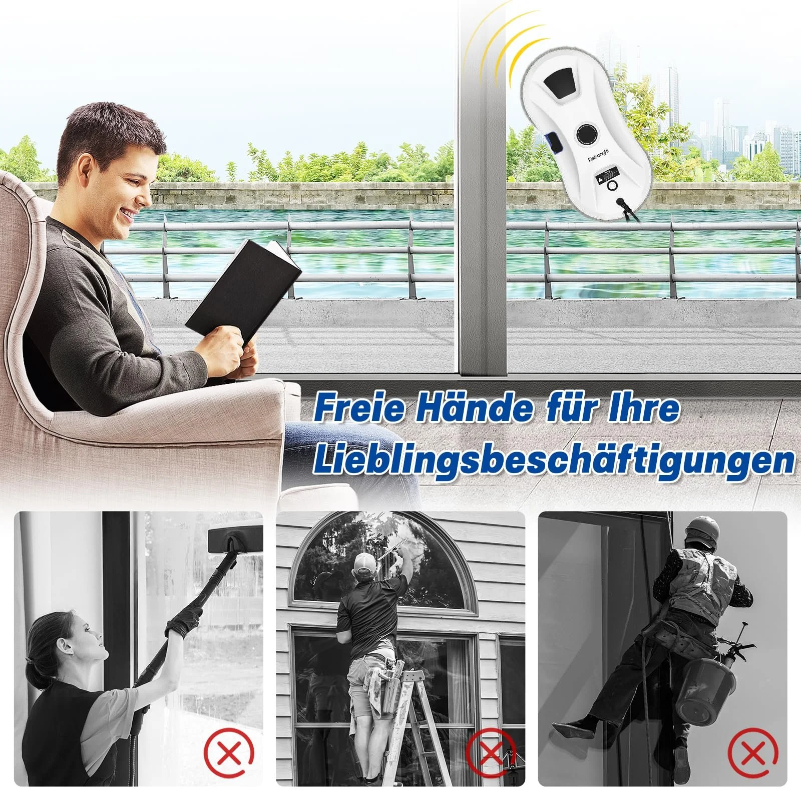 Робот для миття вікон Electric Window Cleaner 5600Pa, 3 режими, інтелектуальне виявлення країв, дистанційне керування, автоматичний водяний струмінь для внутрішніх і зовнішніх вікон, фото №5