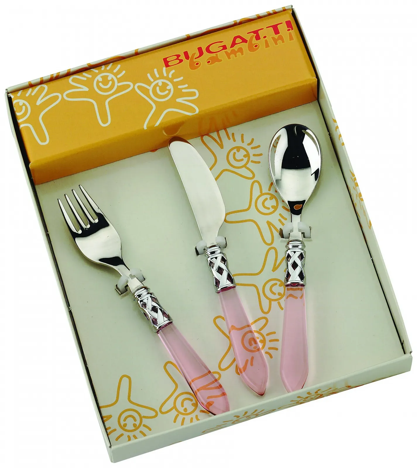 Детские столовые приборы Bugatti Bambini Aladdin Сталь/ABS Розовый, фото №1 Детские столовые приборы Bugatti Bambini Aladdin Сталь/ABS Розовый, фото №1