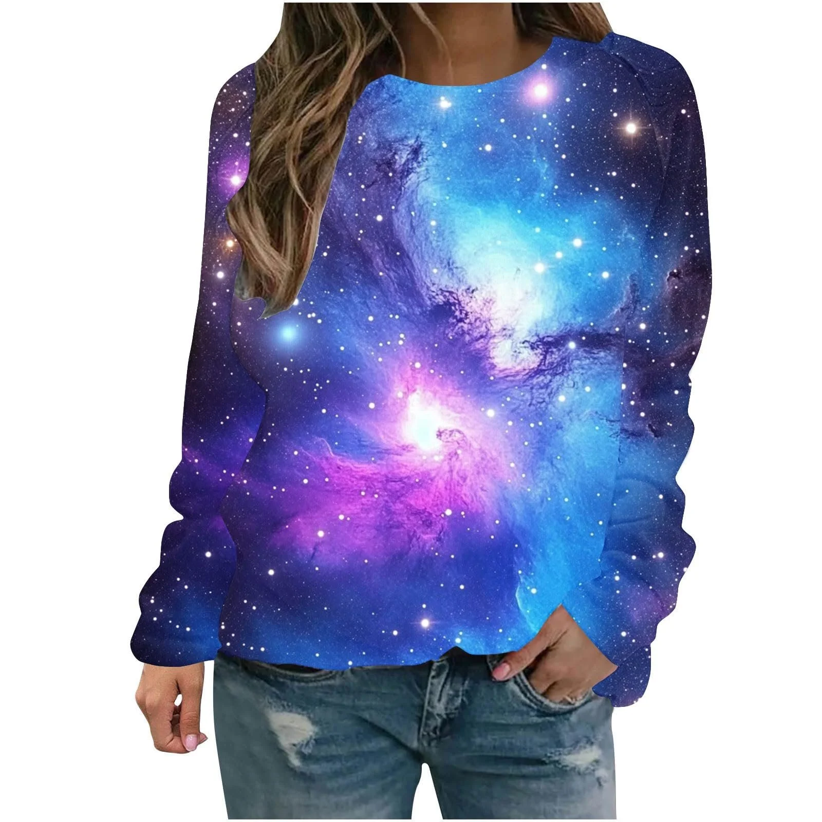 Лонгслив Komiseup Galaxy Женский, длинный рукав, круглый вырез, без капюшона, 3D принт галактики, большие размеры, Streetwear 25, фото №1