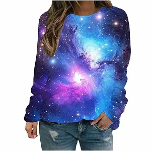 Лонгслив Komiseup Galaxy Женский, длинный рукав, круглый вырез, без капюшона, 3D принт галактики, большие размеры, Streetwear 25 - Фото 1