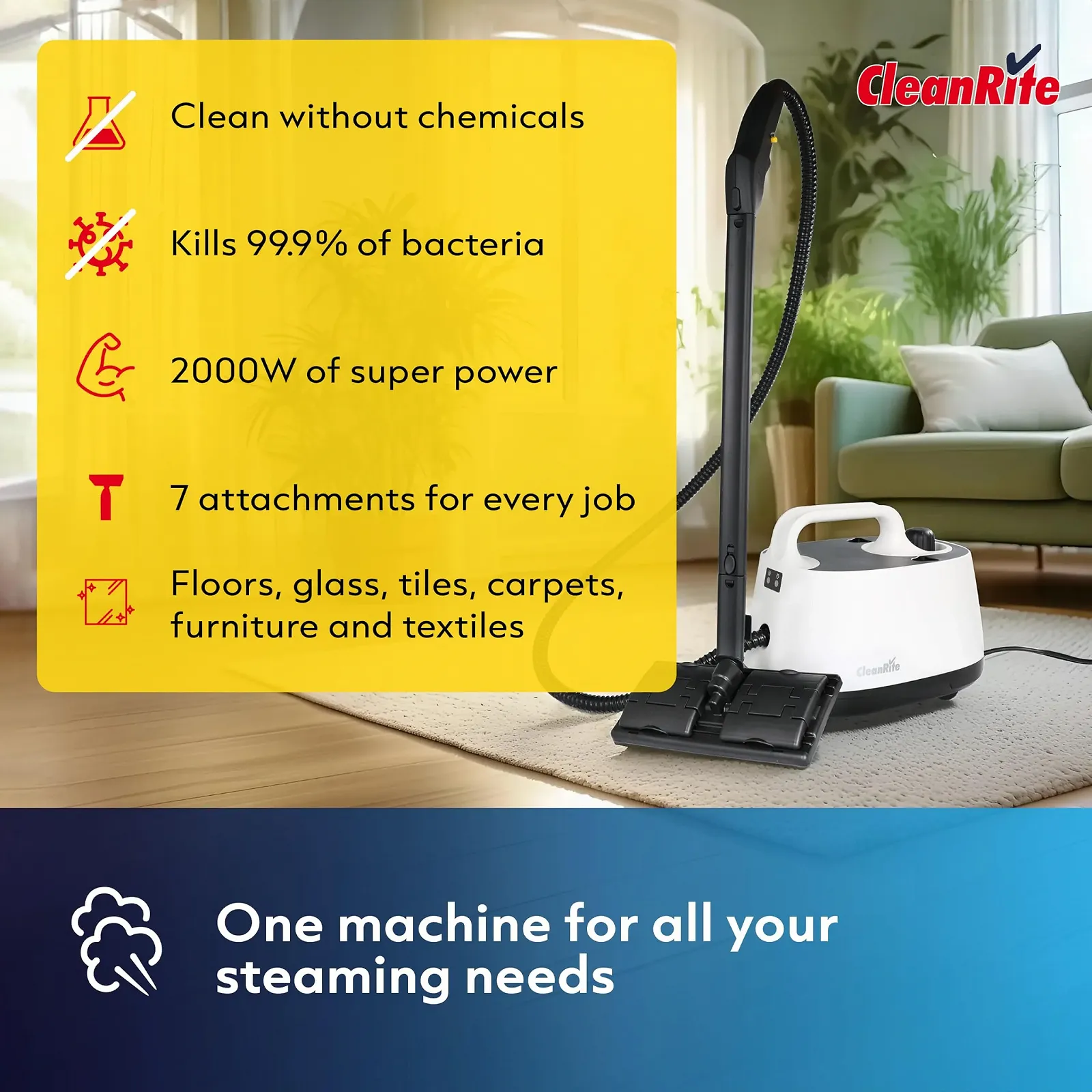 Пароочисник багатофункціональний CleanRite 7 насадок 13 аксесуарів 30 x 15 x 25 см Білий, фото №4