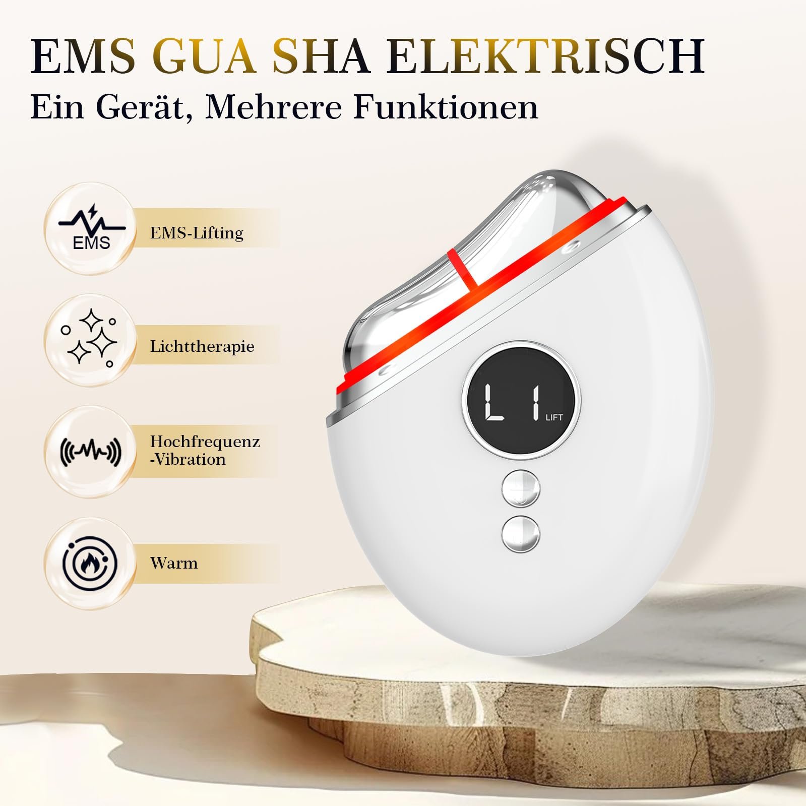 EMS Gua Sha Robofun Масажер для обличчя Електричний проти зморшок з вібрацією та нагріванням, пристрій для підтяжки обличчя з червоним, синім, зеленим світлом, для обличчя, проти зморшок, антивіковий - Білий, фото №2