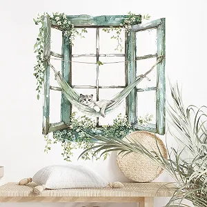 Наклейка на стіну Supzone Cat Green Flower Window 50 x 57 см - Фото 1