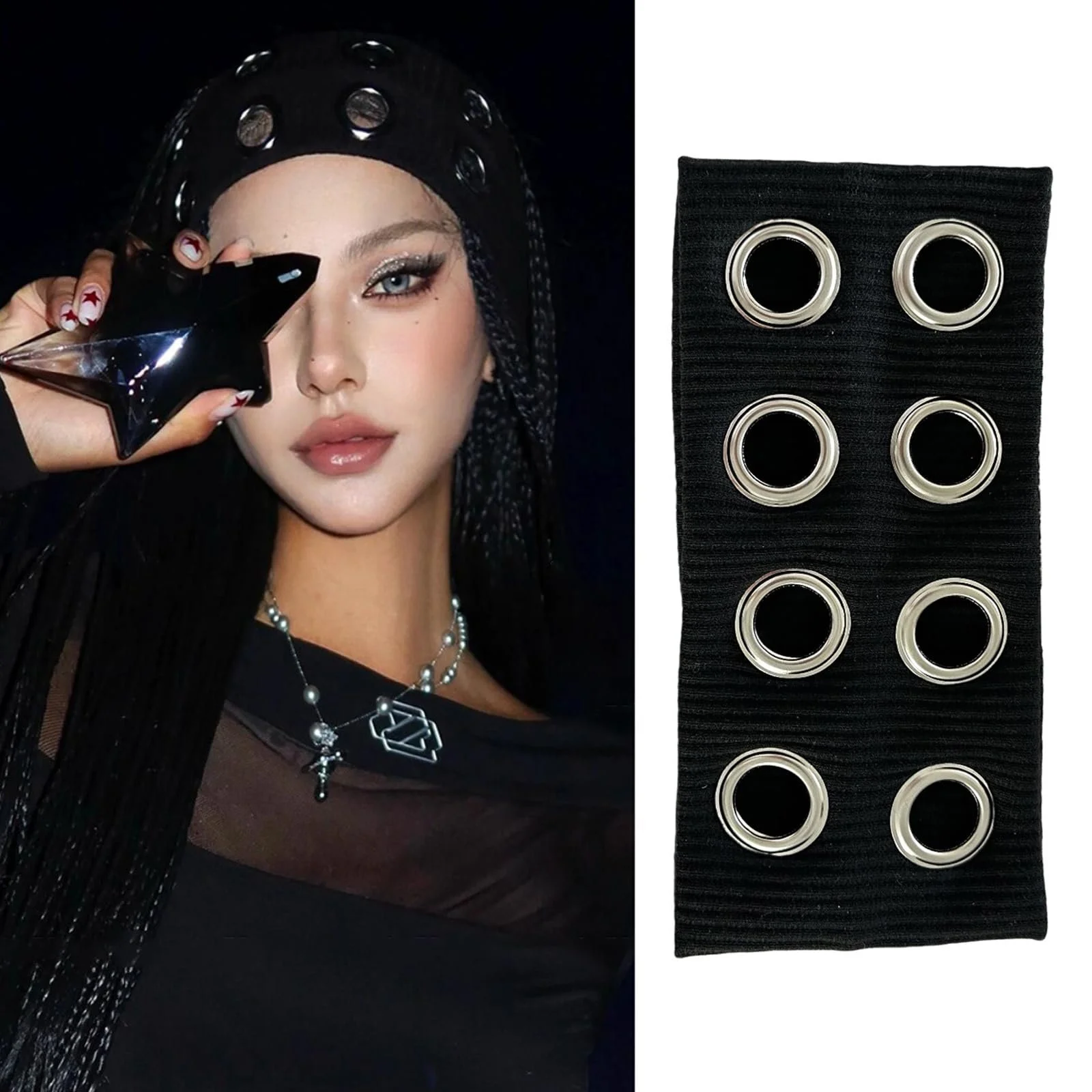 Пов'язка на голову Y2K Punk з порожнистими люверсами Чорний, фото №7