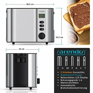 Тостер Arendo Manha Compact 2 скибочки Нержавіюча сталь з дисплеєм часу 800 Ватт synthetic.ua - Фото 1