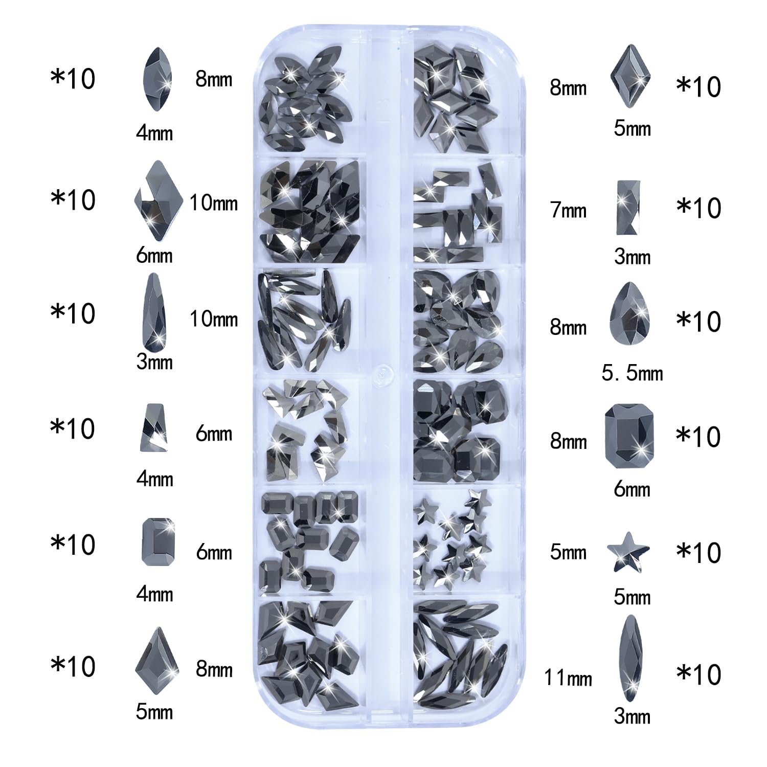 Набор страз 2920 шт Круглые стразы с плоской задней частью Самоцветы Разной формы Кристаллы для ногтей Минеральный серый, фото №2