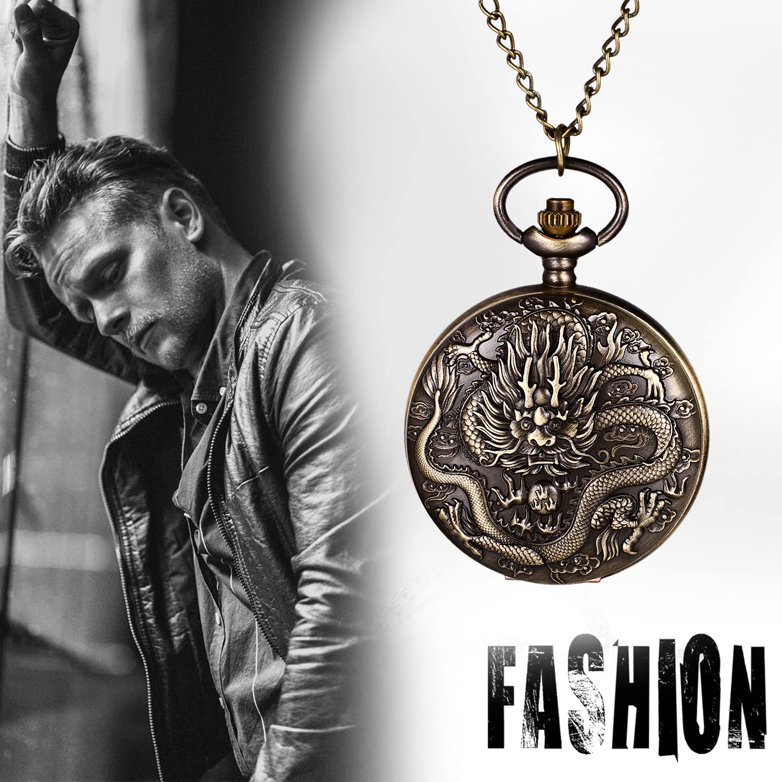 Дополнительные карманные часы Avaner Chain Dragon Elk Flowers Аналоговые кварцевые с арабскими цифрами для женщин и мужчин, фото №4
