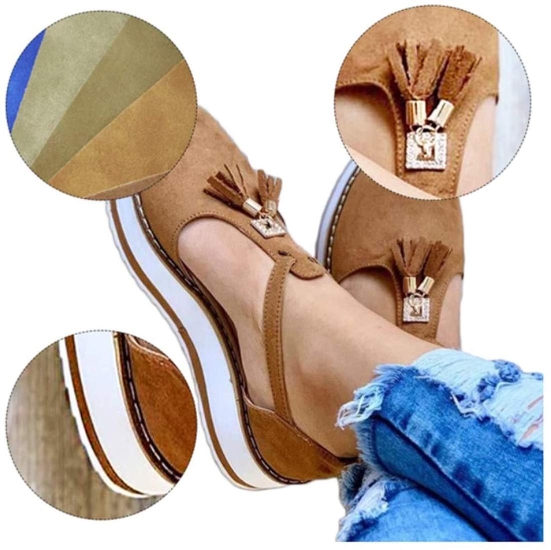 Сандалі CrEev Платформа Шкіряні Китиці Закритий Носок Пряжка Ремінець на Щиколотці Вінтажний Пляжний стиль, фото №4