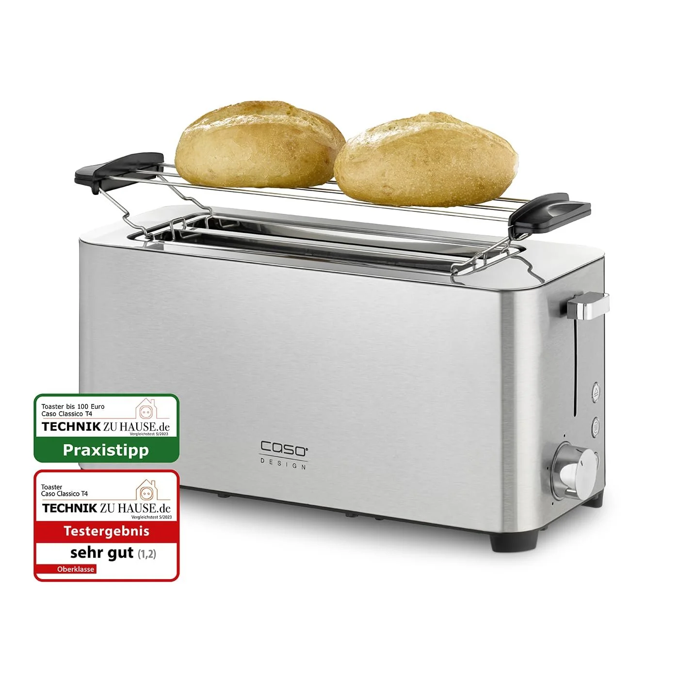 Тостер CASO Classico T 4 Design, корпус з нержавіючої сталі, оптимальне регулювання рівня підсмажування на 5 рівнях, включає насадку для булочок, з додатковим підігрівом, функцією розморожування, для 4 скибочок тосту, фото №3