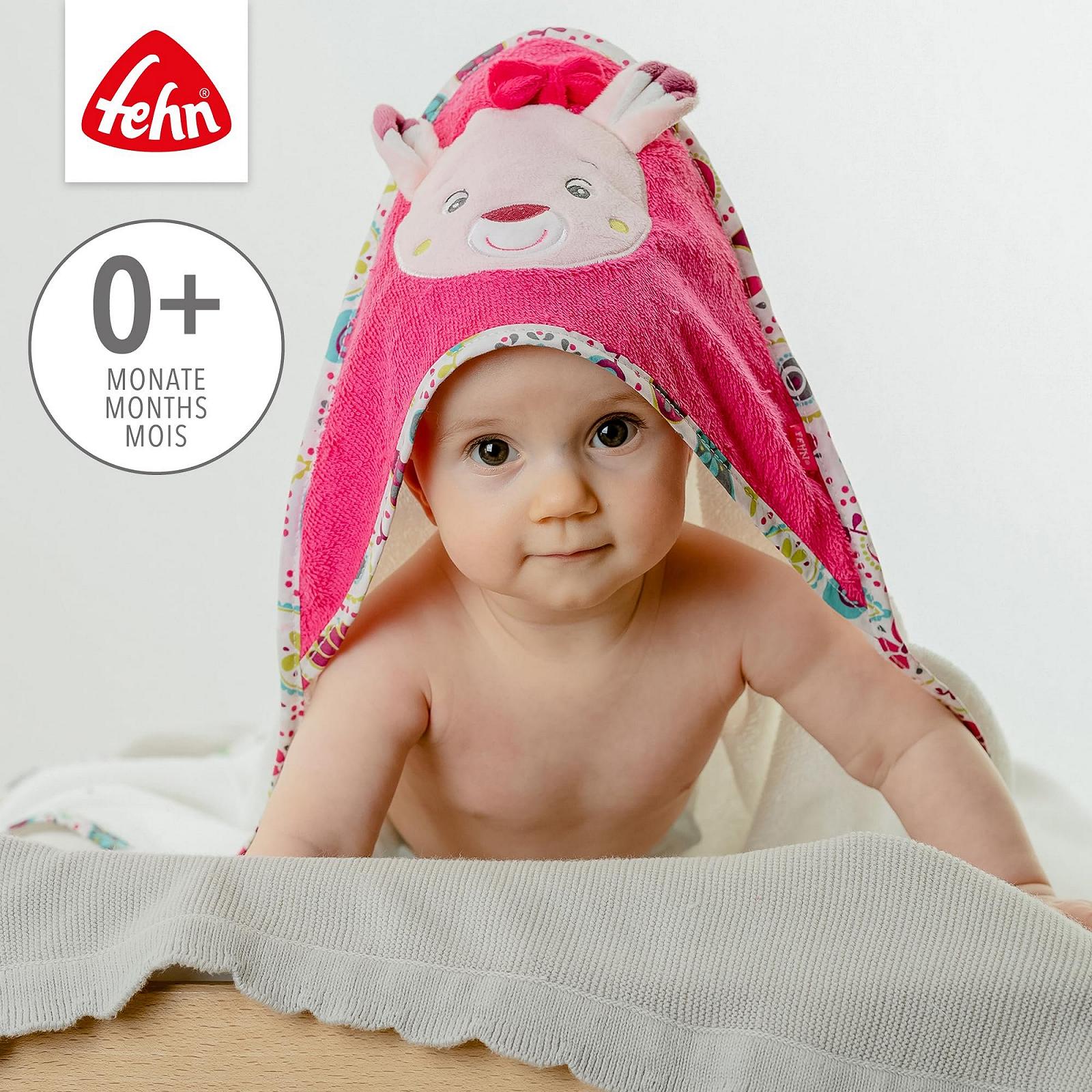 Полотенце для ванной Fehn Baby Sweetheart, детское пончо из хлопка и салфетка для лица с мордочкой олененка, рукавица для мытья с мотивом животных, фото №3