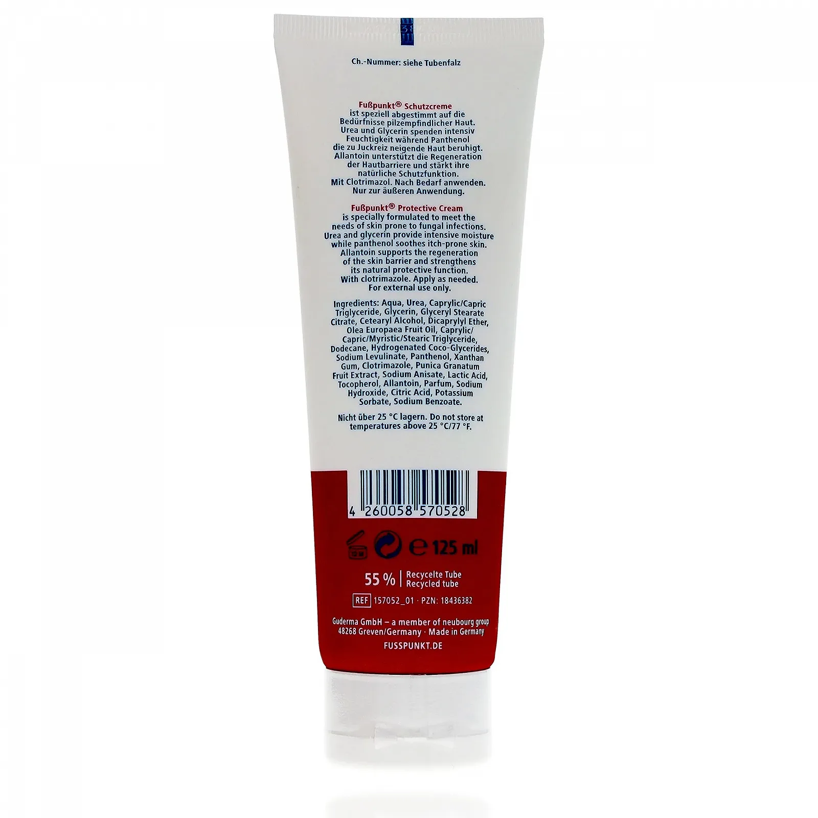 Защитный крем для ног Fußpunkt для кожи склонной к грибку с клотримазолом алантоином пантенолом и 10% Urea 125 мл, фото №2