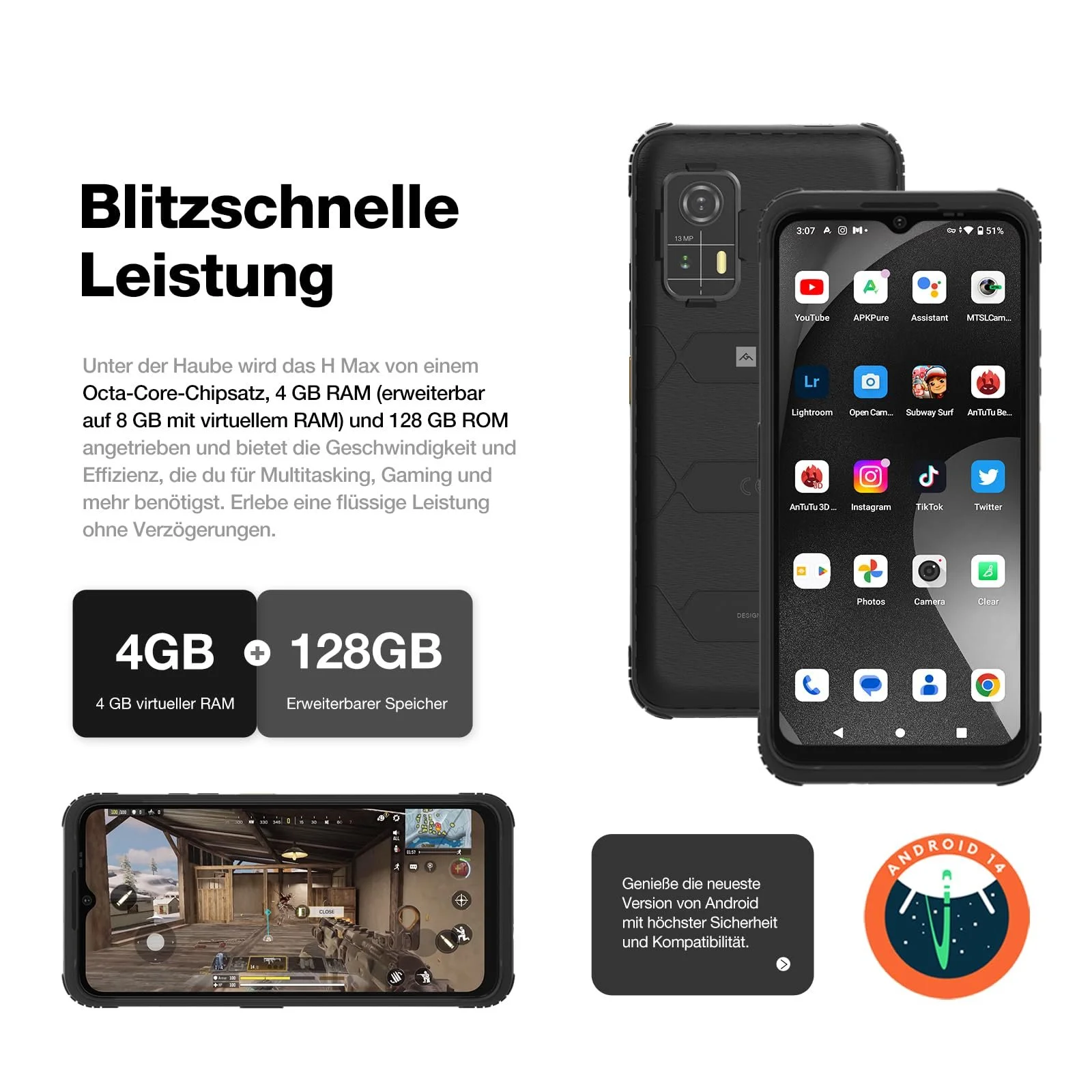 Смартфон AGM H MAX 8 ГБ RAM 128 ГБ ROM 10000 мАг 6.56 дюйма 90 Гц IP68/IP69K Black, фото №5