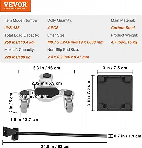 Набір меблевих тележок-триног VEVOR JYS-135 / 4 шт. в комплекті / Загальна вантажопідйомність 114 кг / 360° поворотні колеса PP / Міцна вуглецева сталь / Сірі synthetic.ua - Фото 1