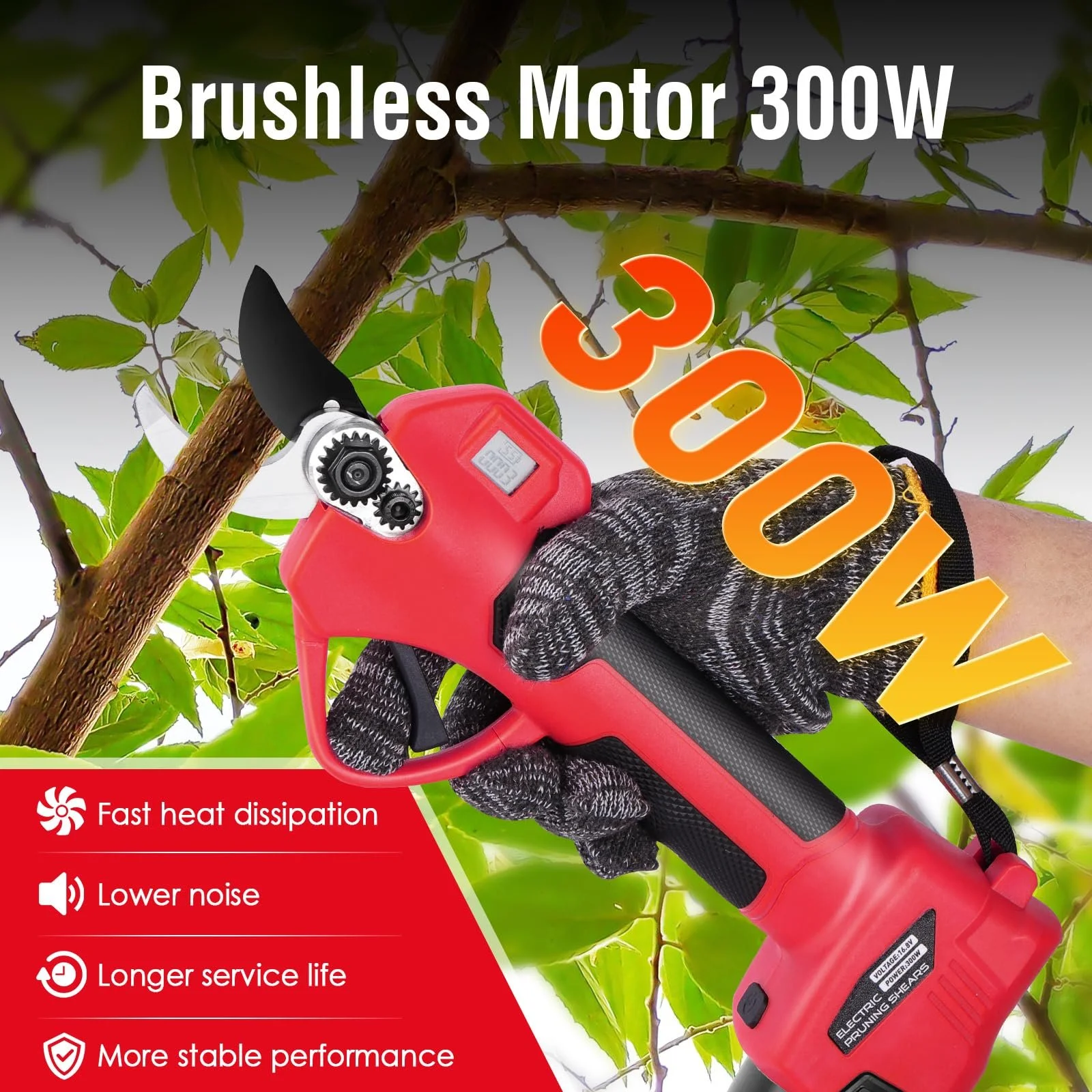 Акумуляторні сучкорізи 35 мм Електричні секатори: Електричний сучкоріз з РК-дисплеєм, Електричні садові ножиці з акумулятором 2 x 2000 мАг, для саду, парку, винограднику, оливкового дерева (червоний), фото №3