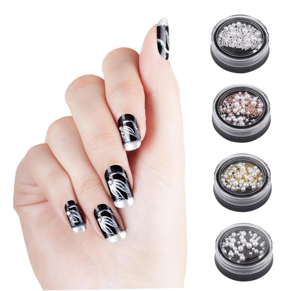 Перлини для нігтів PLAFOPE, 4 коробки, білі, круглі, сталеві, фото №6